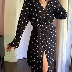Classic Feminine H&M Black Wrap Midi Dress with White Cream Polka Dots
